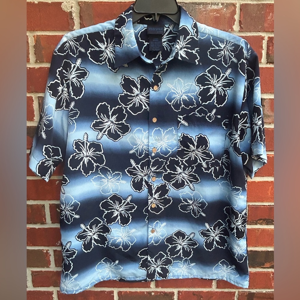 Extreme Gear Y2K Short Sleeve Button Down Navy Blue L Hawaiian Floral Shirt Z9